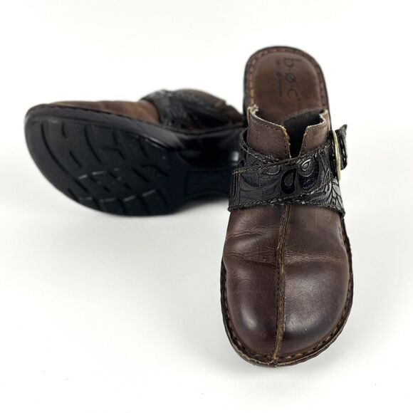 BOC Born Concept Brown Clogs wedge heel brass buckle tooled black straps SZ 8 - Picture 9 of 12